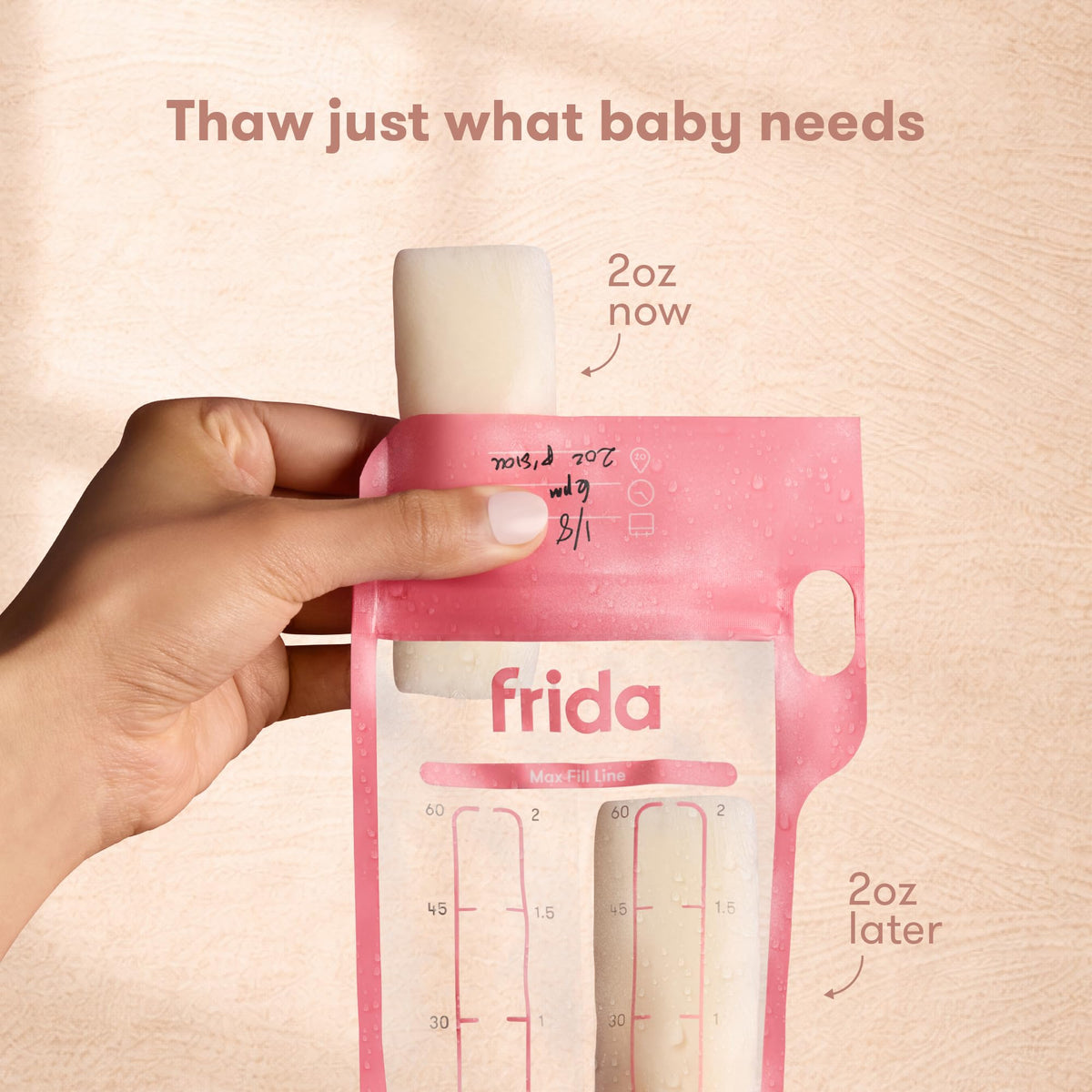 Frida Mom breastmilk bag showing the push-pop split technology