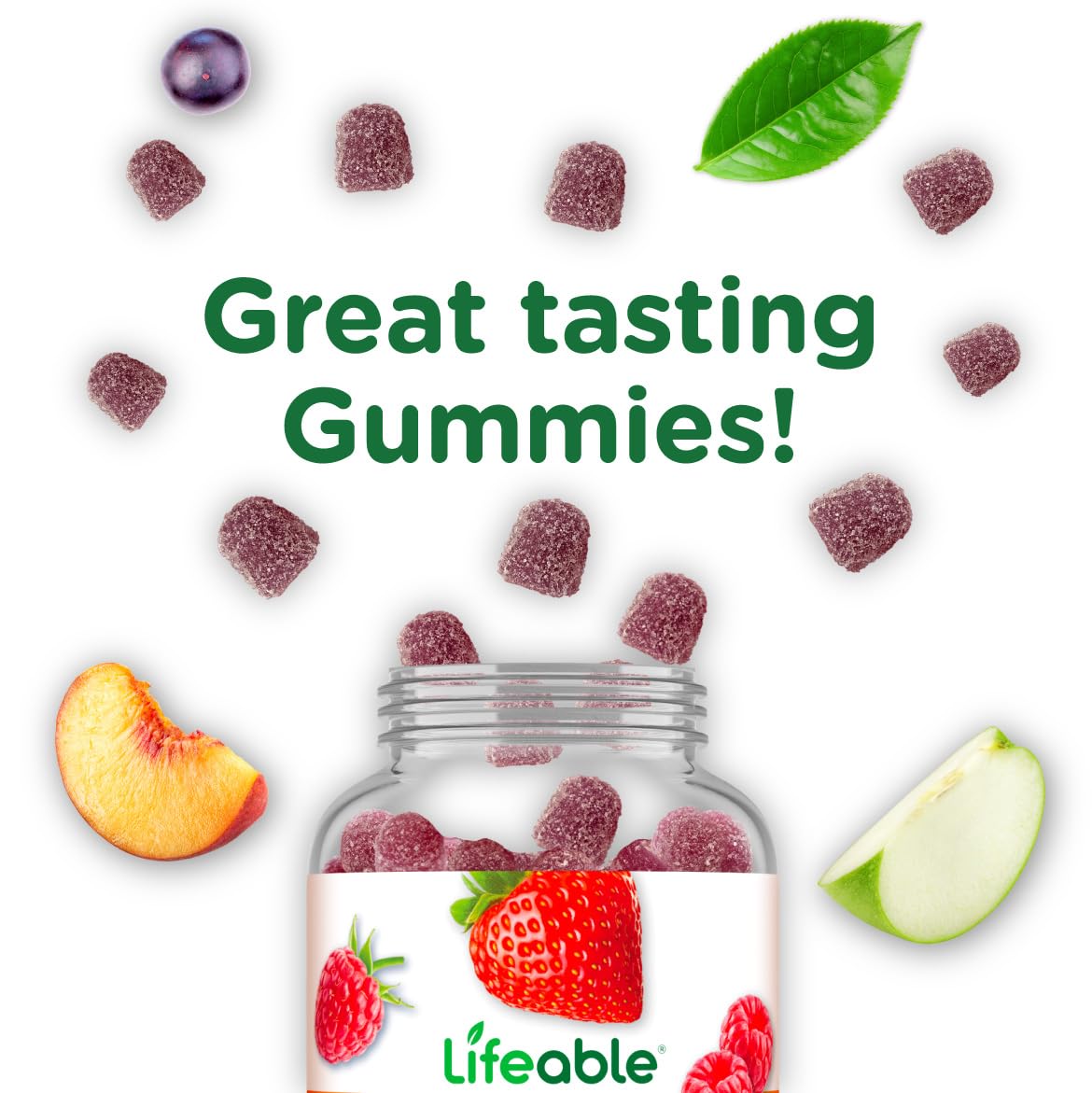 Two red vitamin B6 strawberry gummies resting beside the supplement bottle