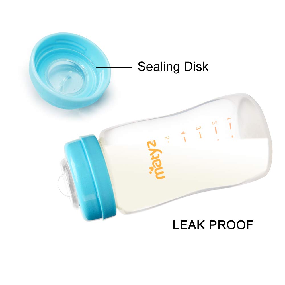 Matyz breast milk collection bottles showing compatible pump attachment