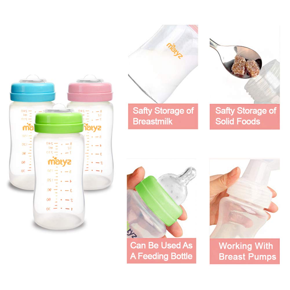 Close up of Matyz BPA-free breast milk storage bottles with sealing disks