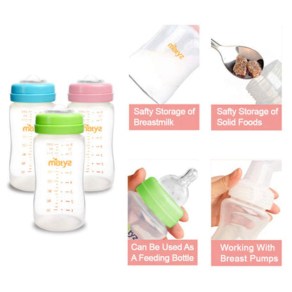 Close up of Matyz BPA-free breast milk storage bottles with sealing disks
