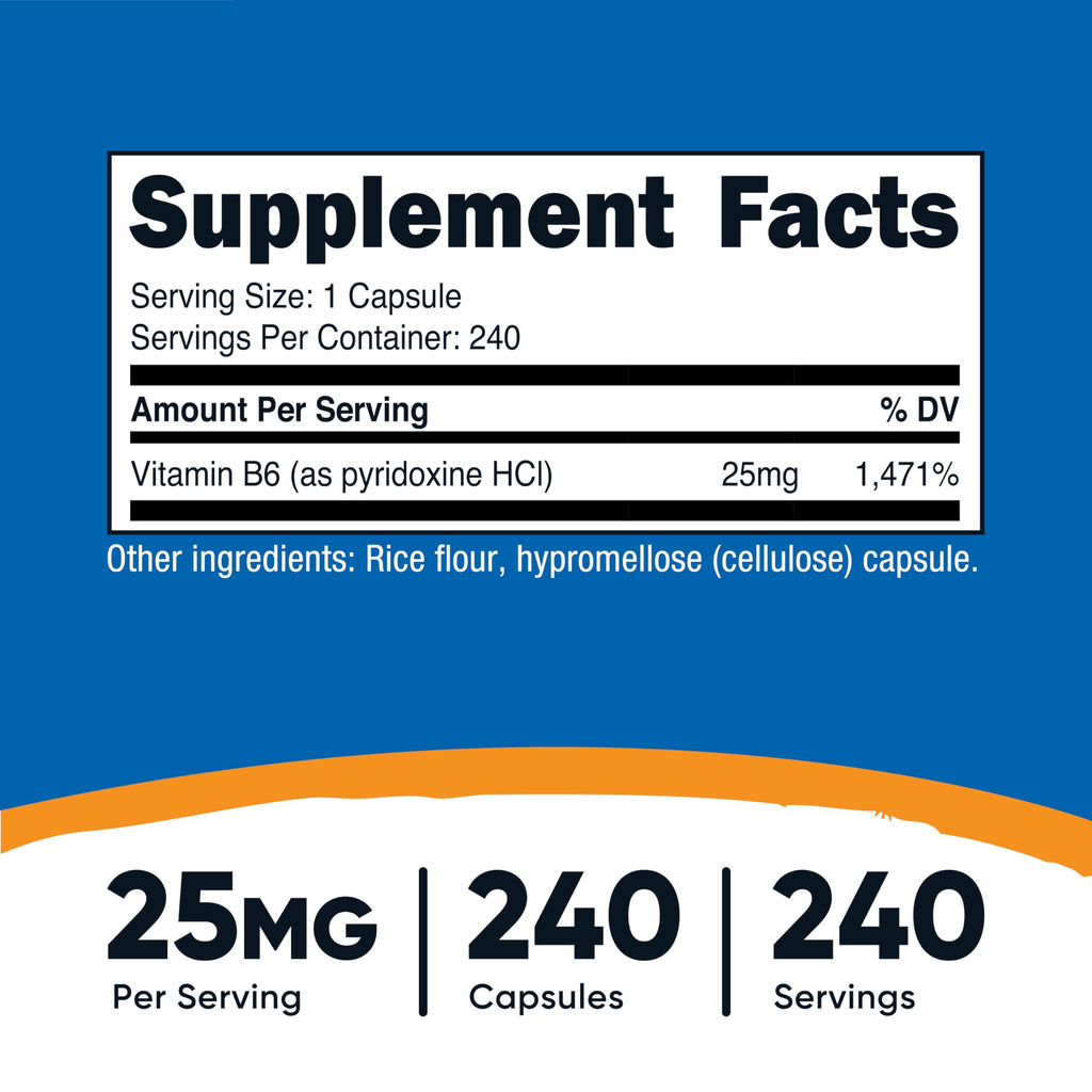 Nutricost Vitamin B6 240 capsule bottle label details