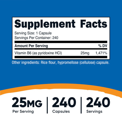 Nutricost Vitamin B6 240 capsule bottle label details