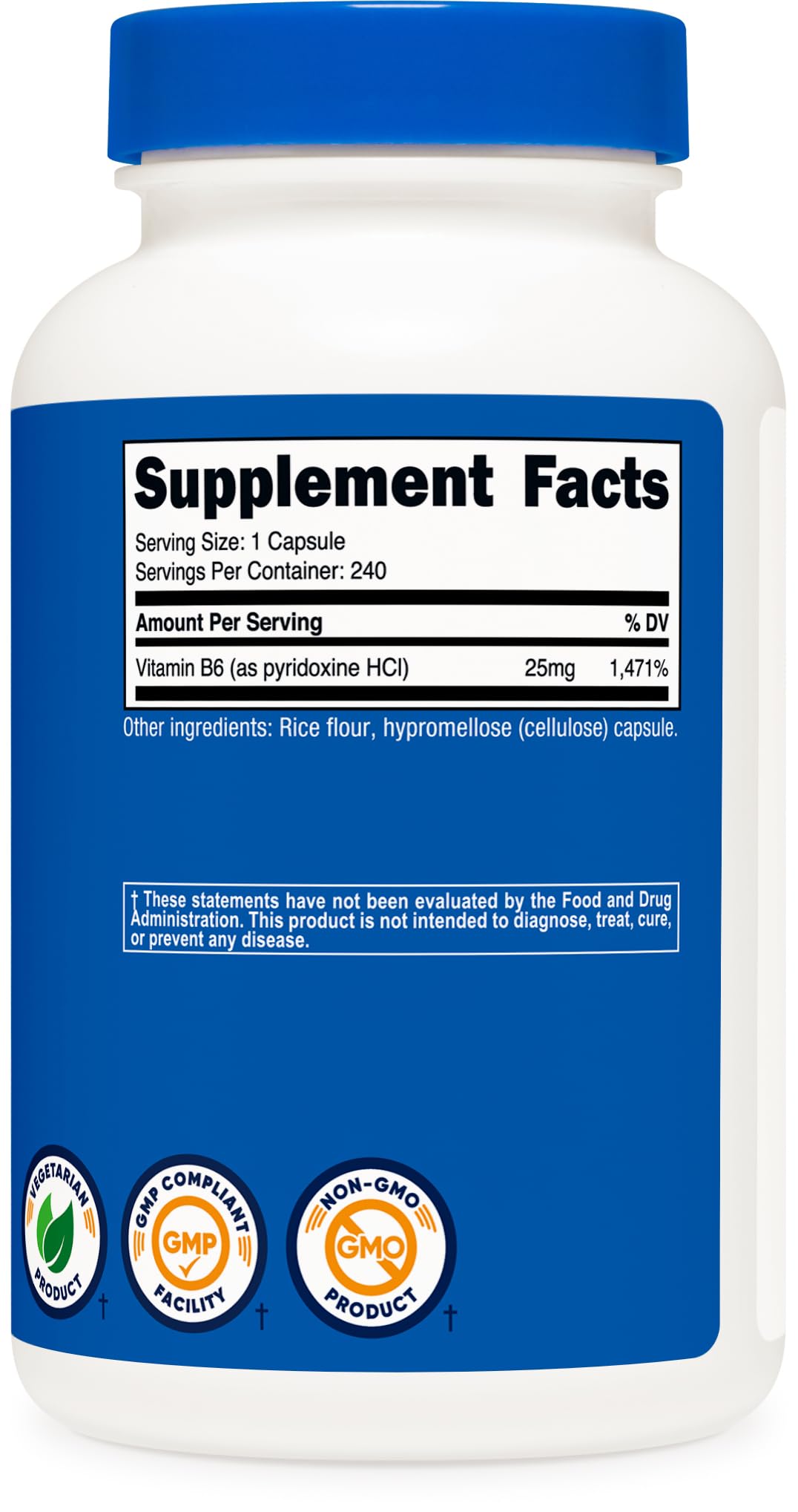Close up of Nutricost Pyridoxine HCl 25mg supplement dosage