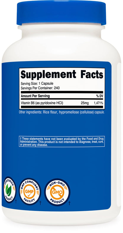 Close up of Nutricost Pyridoxine HCl 25mg supplement dosage