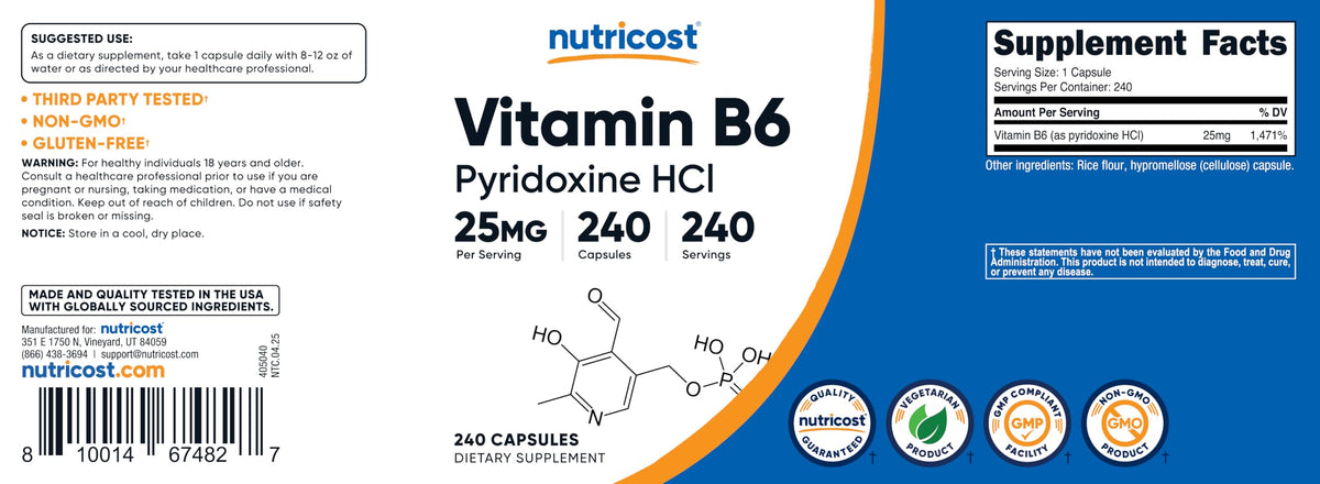 Nutricost USA imported Vitamin B6 240 count bottle for energy metabolism
