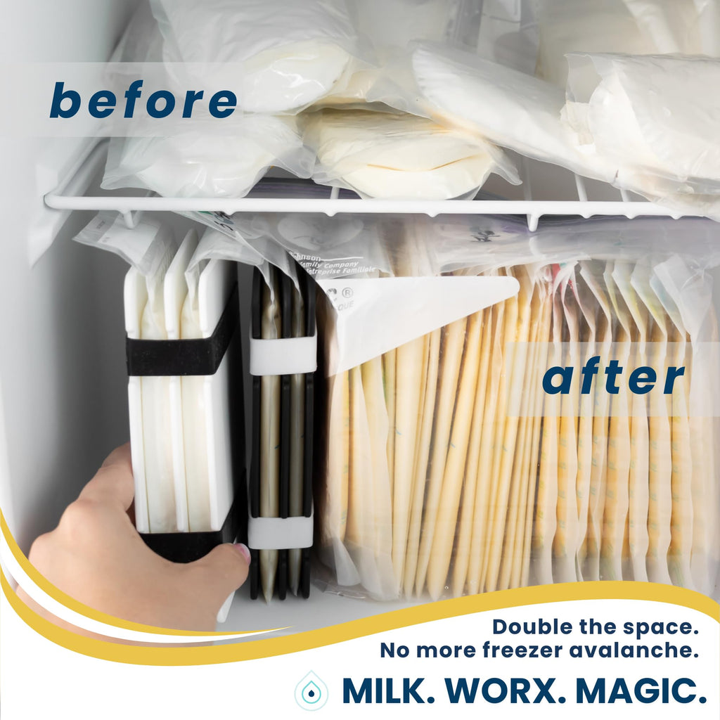 MilkWorx Freeze It Flat organizer with breast milk storage bag