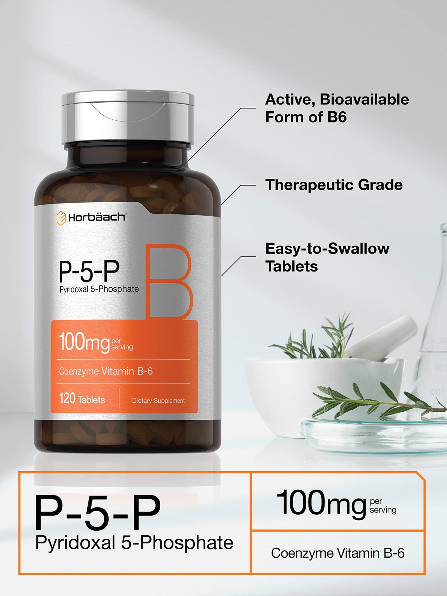 Horbaach P5P Activated Vitamin B6 supplement tablets close up