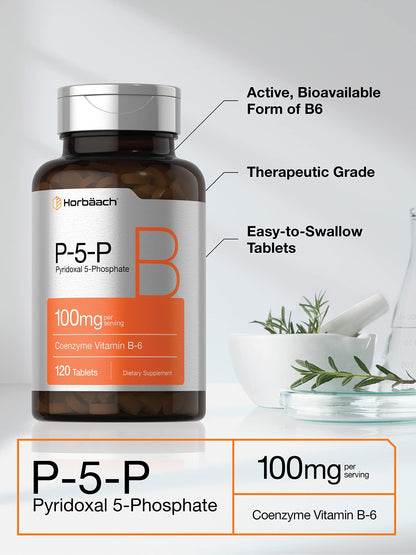 Horbaach P5P Activated Vitamin B6 supplement tablets close up