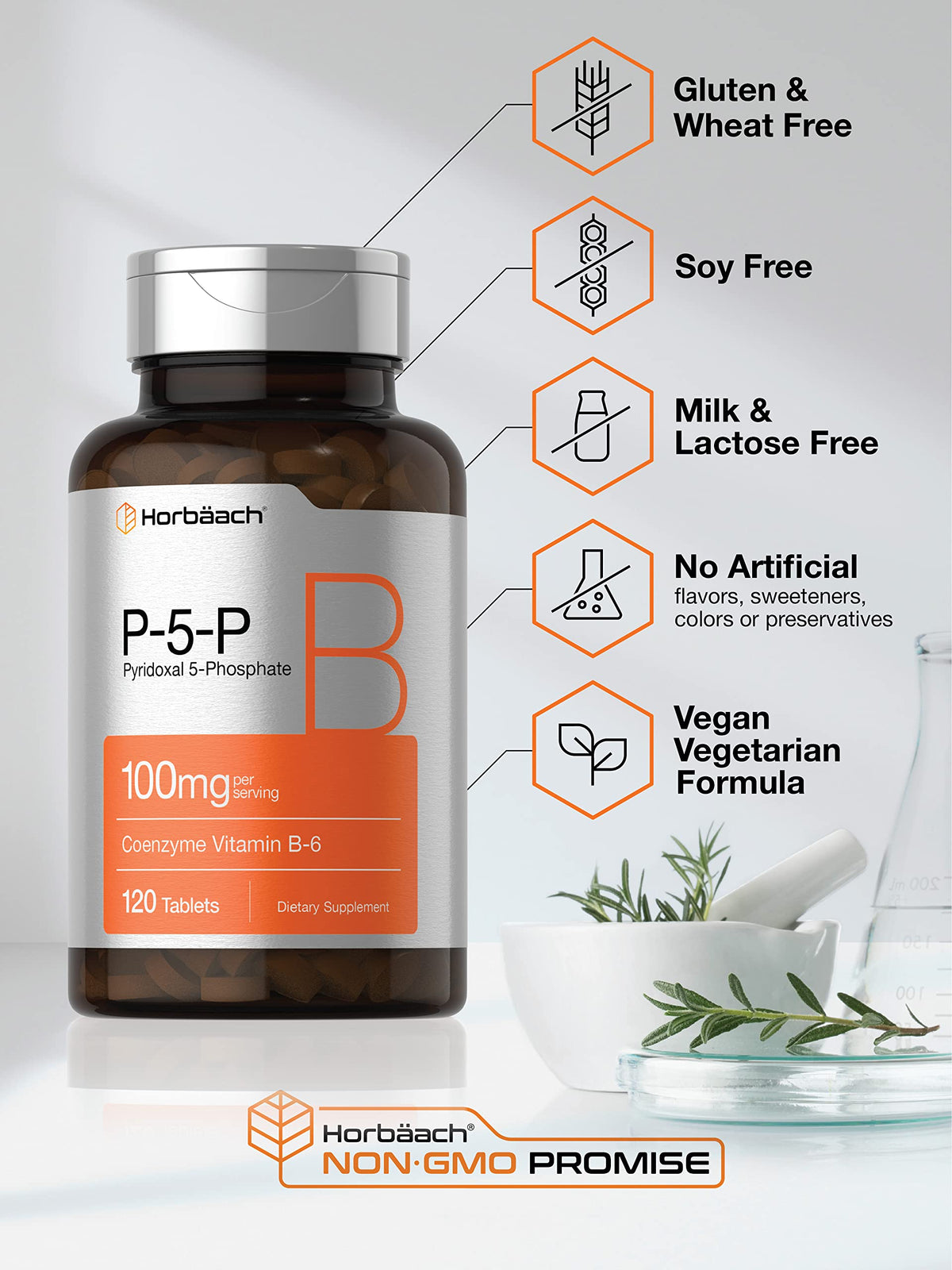 Horbaach P5P Activated Vitamin B6 120 count bottle side view