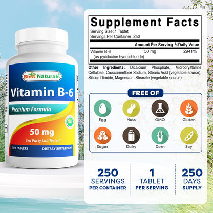 Best Naturals Vitamin B6 supplement bottle label details