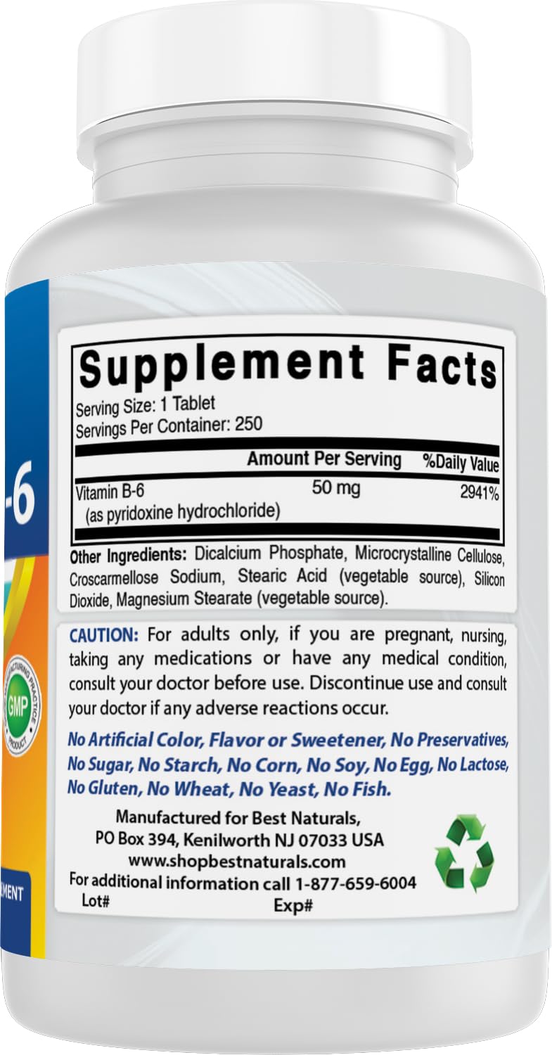 Side view of Best Naturals Vitamin B6 supplement bottle