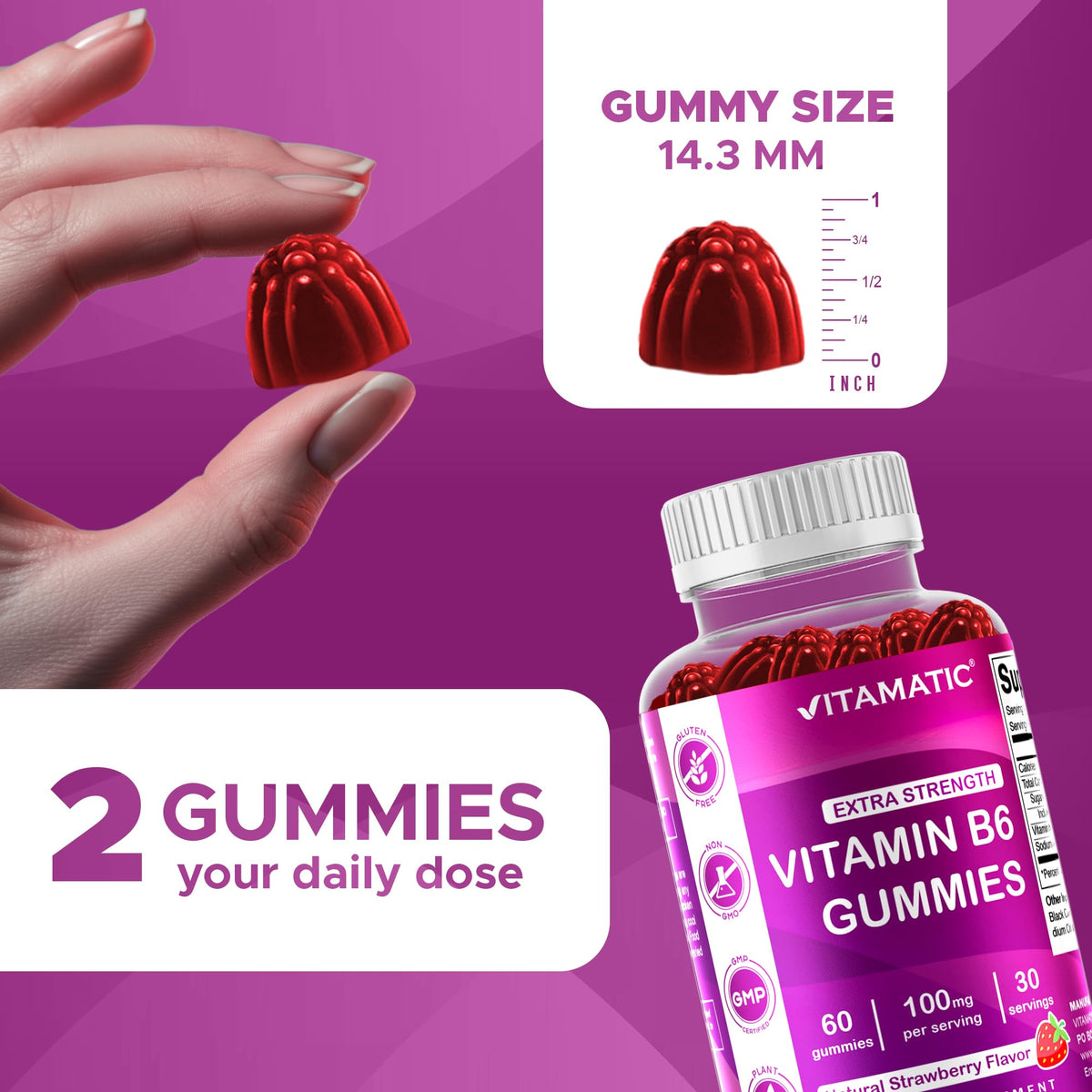Close up of Vitamatic berry flavored pectin gummies