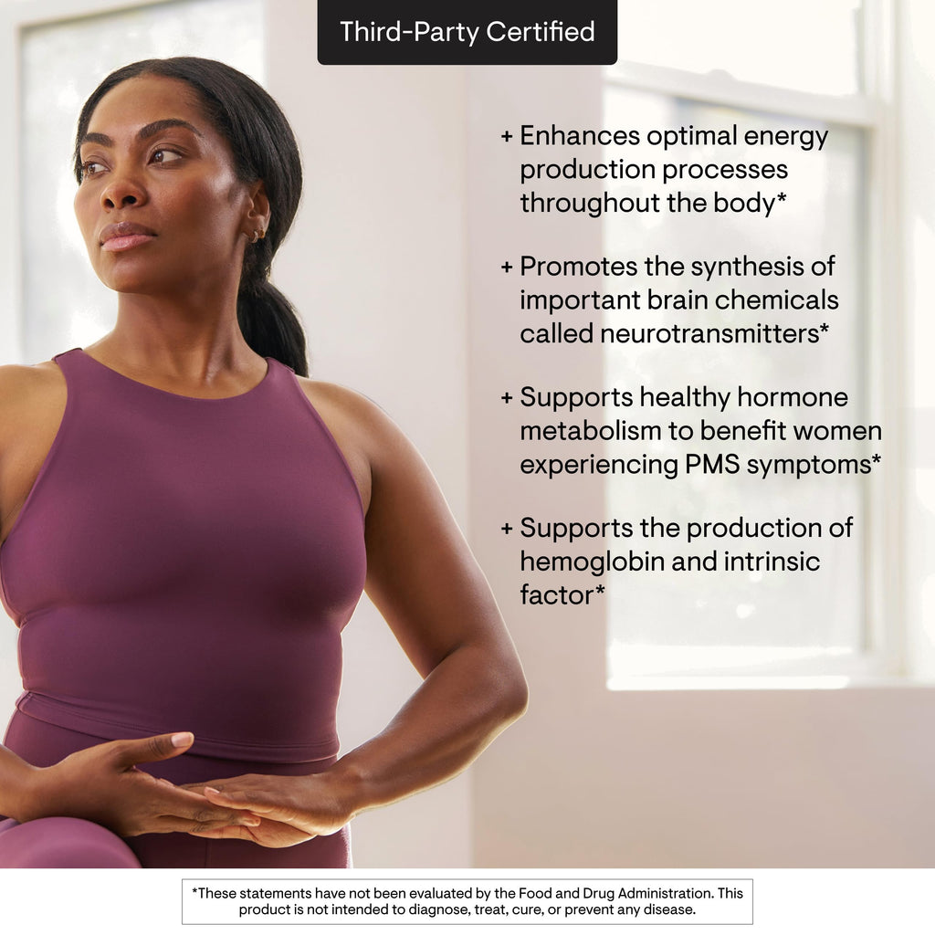 Side profile of Thorne Vitamin B6 bottle outlining gluten free and dairy free certifications