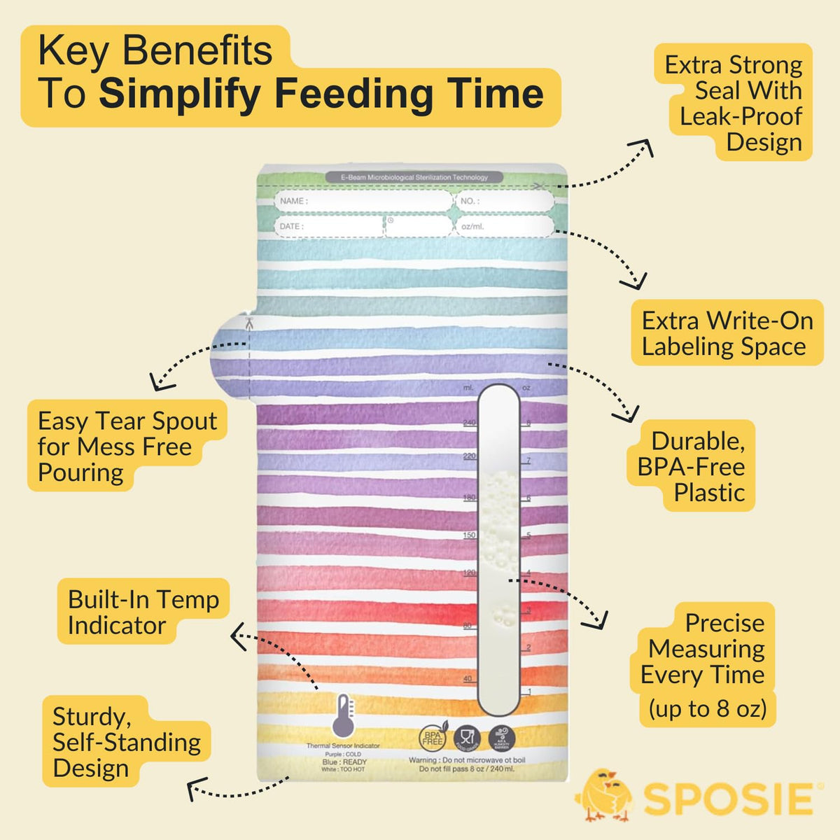 Sposie breast milk storage bag with temperature sensor visible