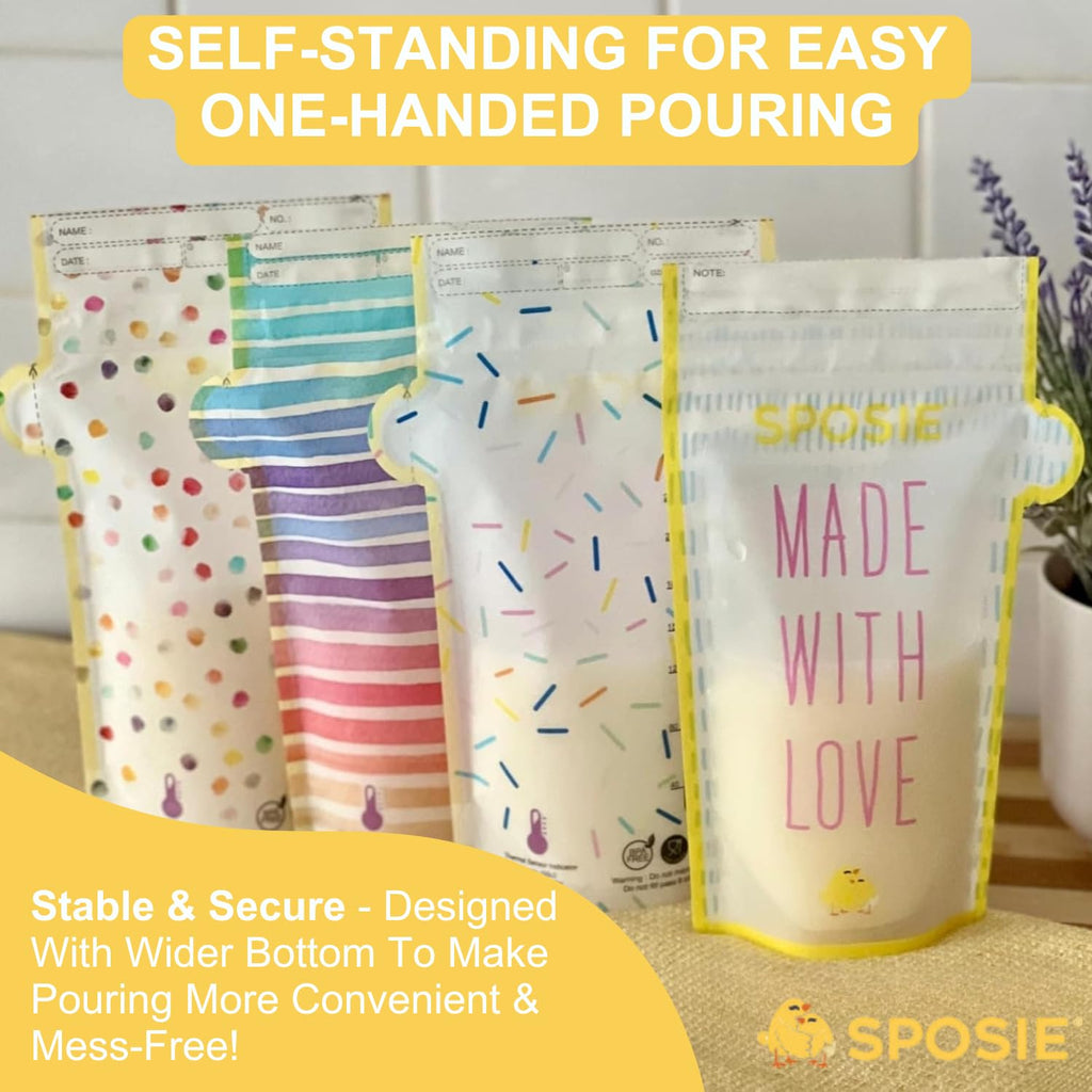 Close up of Sposie milk storage bag easy pour spout