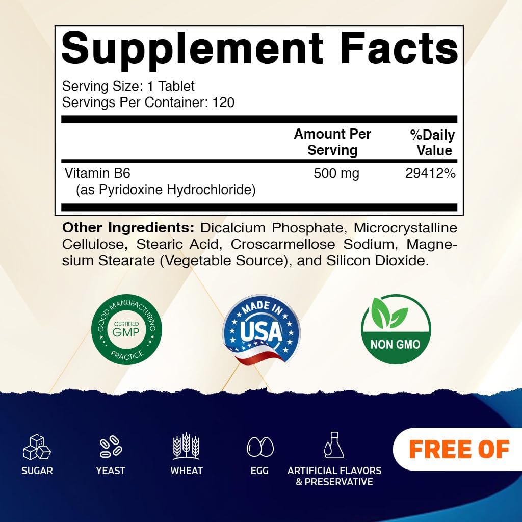 Vitamatic Vitamin B6 120 vegetarian tablets supplement label