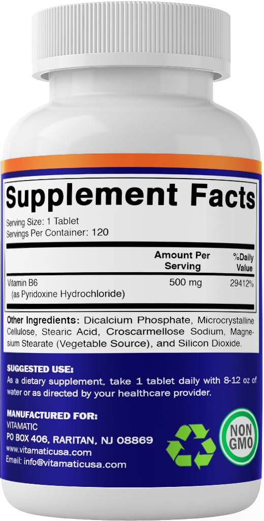 Vitamatic Vitamin B6 500mg bottle showing dietary information
