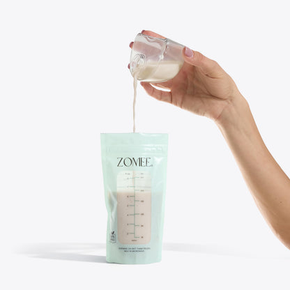 Zomee self-standing breast milk bag filled with milk