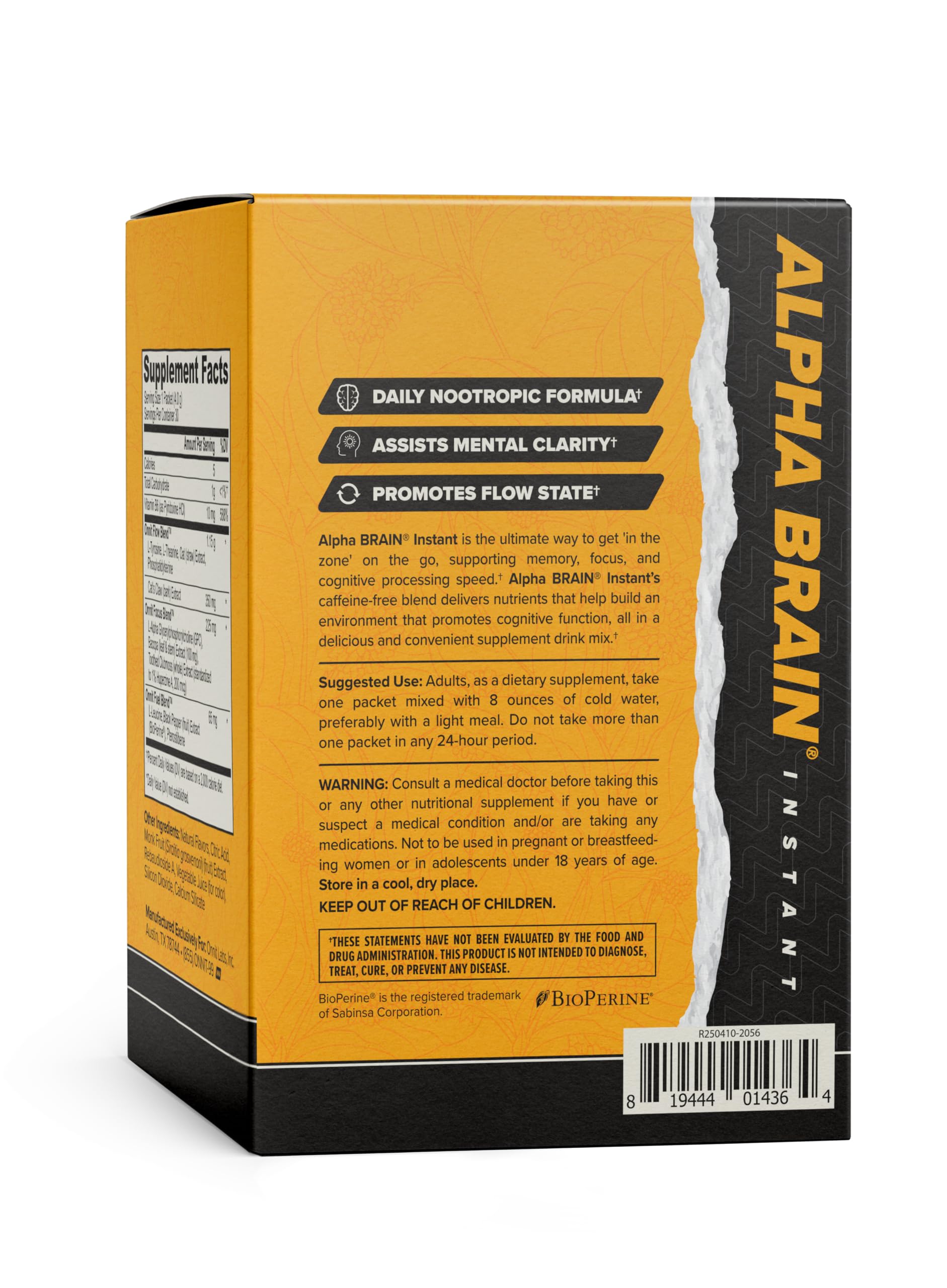 Nutritional label of Onnit Alpha Brain Instant drink mix