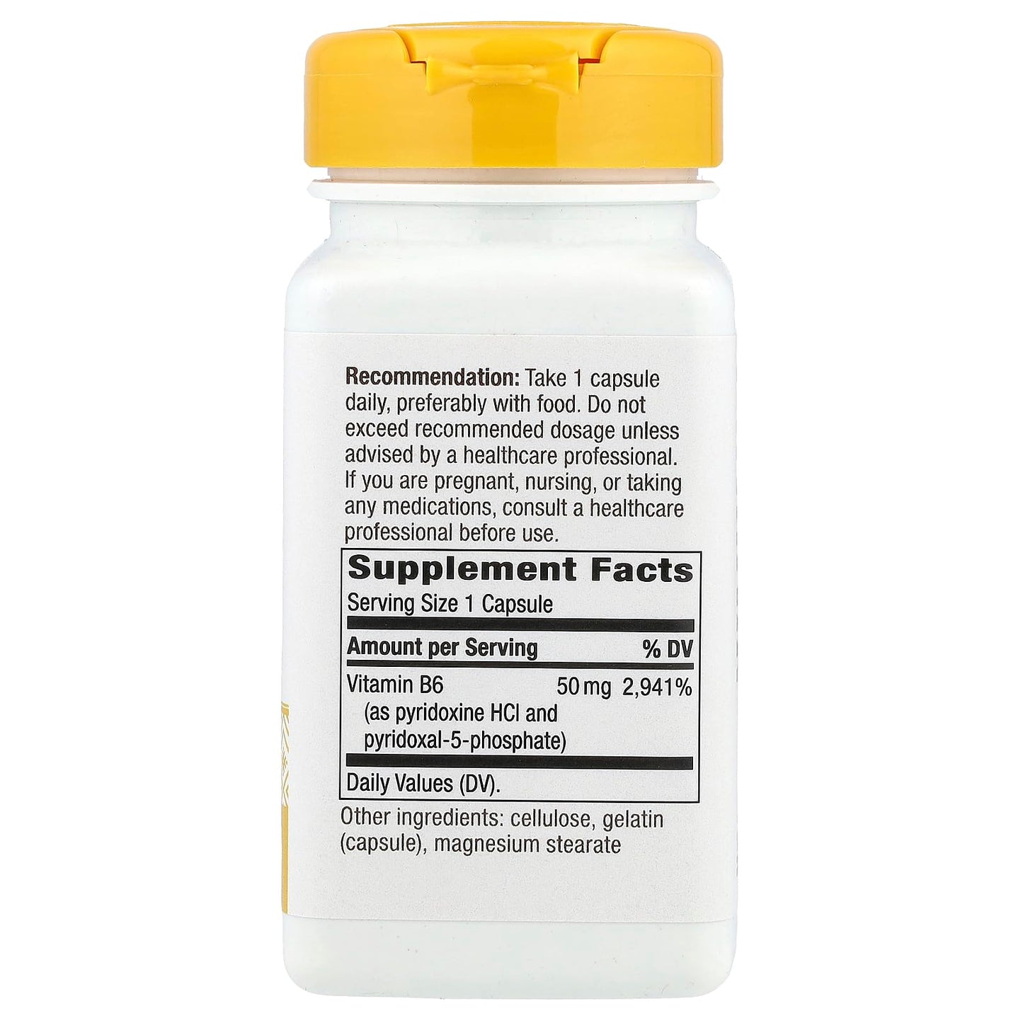 Nature's Way Vitamin B6 supplement bottle label view showcasing nutritional facts and premium imported ingredients.