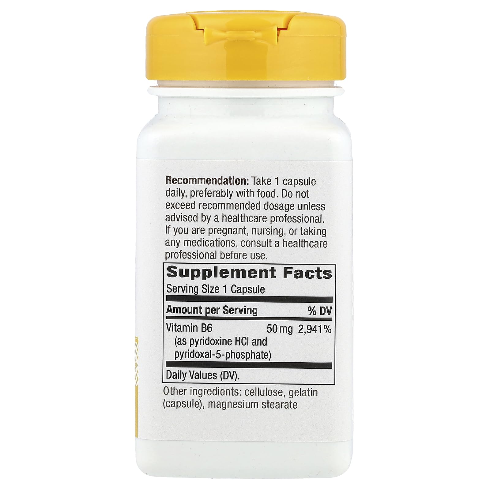 Nature's Way Vitamin B6 supplement bottle label view showcasing nutritional facts and premium imported ingredients.