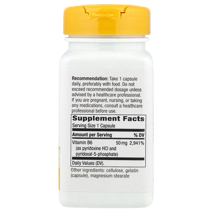 Nature's Way Vitamin B6 supplement bottle label view showcasing nutritional facts and premium imported ingredients.