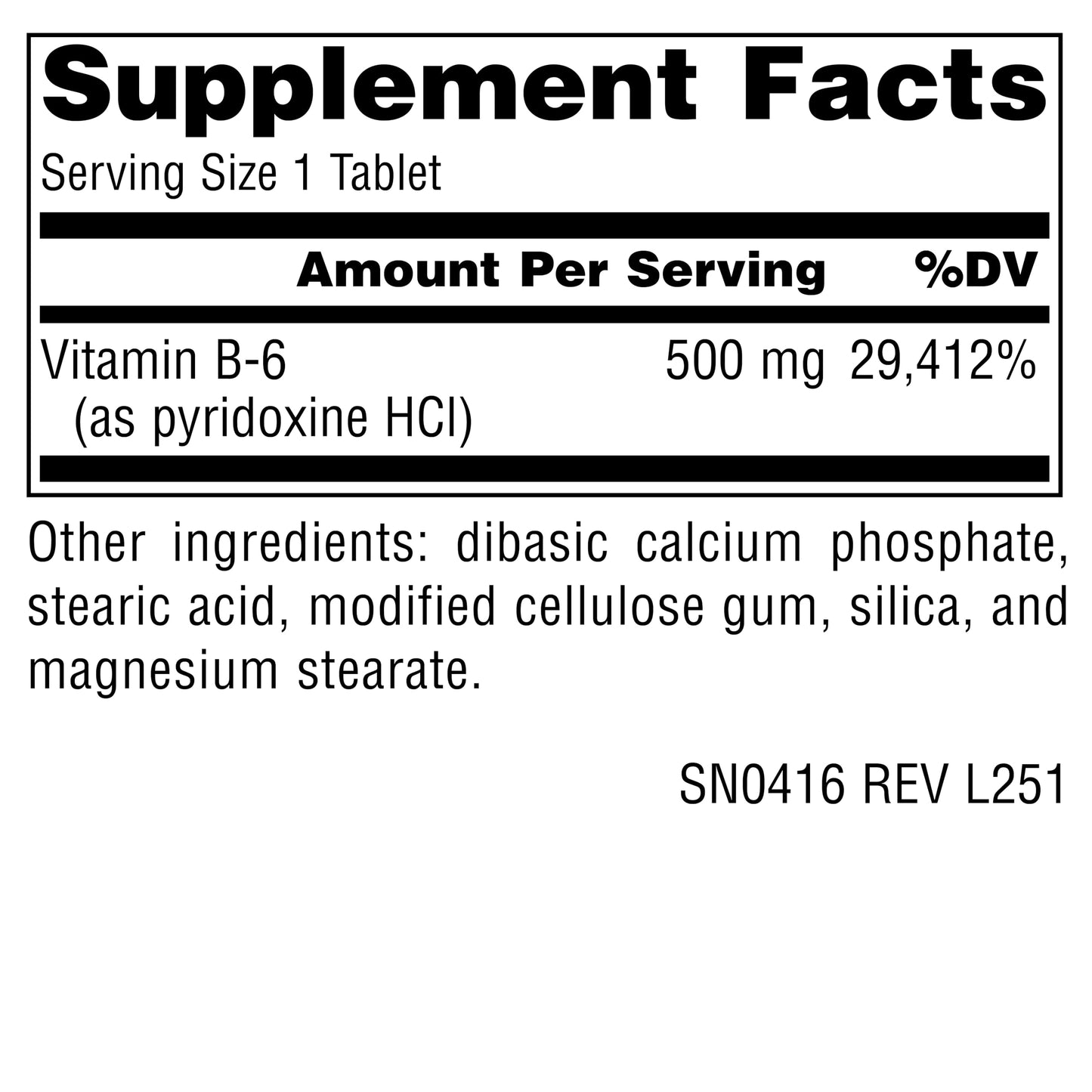 Side angle of Source Naturals Vitamin B6 100 tablets bottle detailing the vegetarian formulation facts.