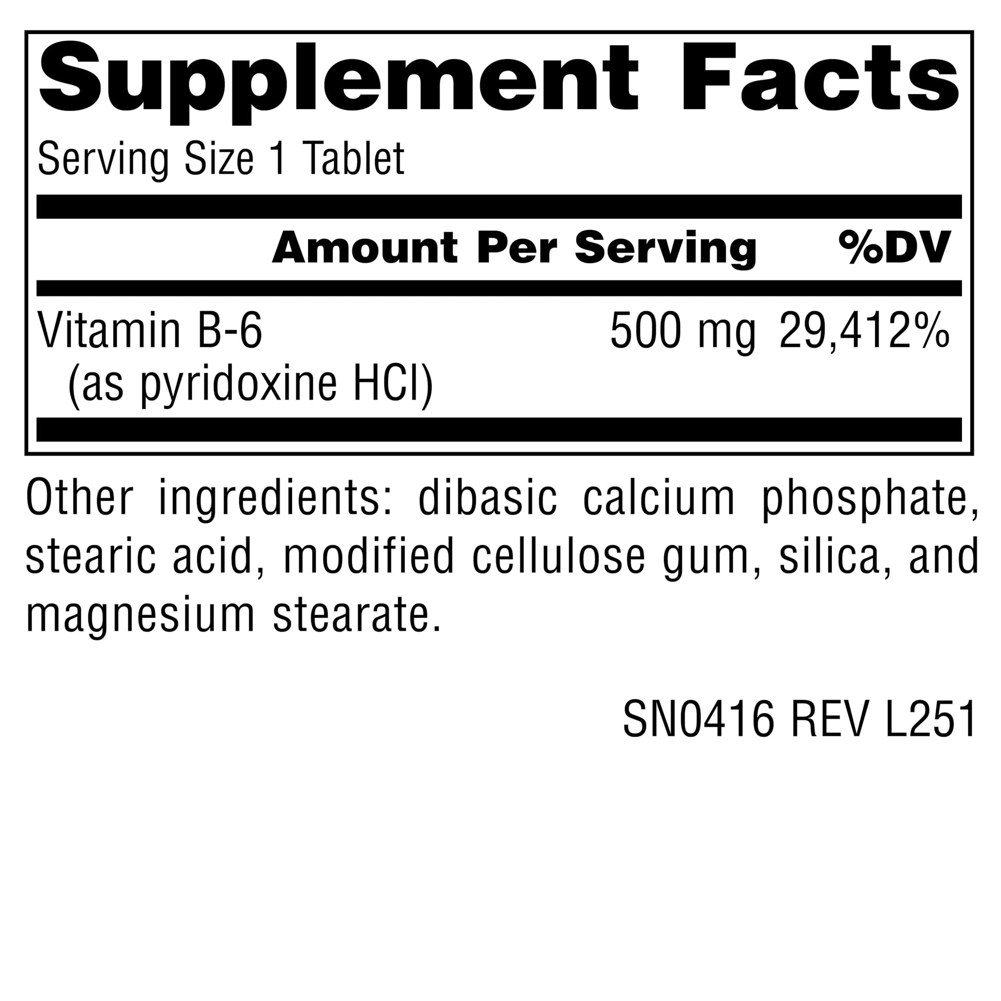 Side angle of Source Naturals Vitamin B6 100 tablets bottle detailing the vegetarian formulation facts.