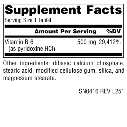 Side angle of Source Naturals Vitamin B6 100 tablets bottle detailing the vegetarian formulation facts.