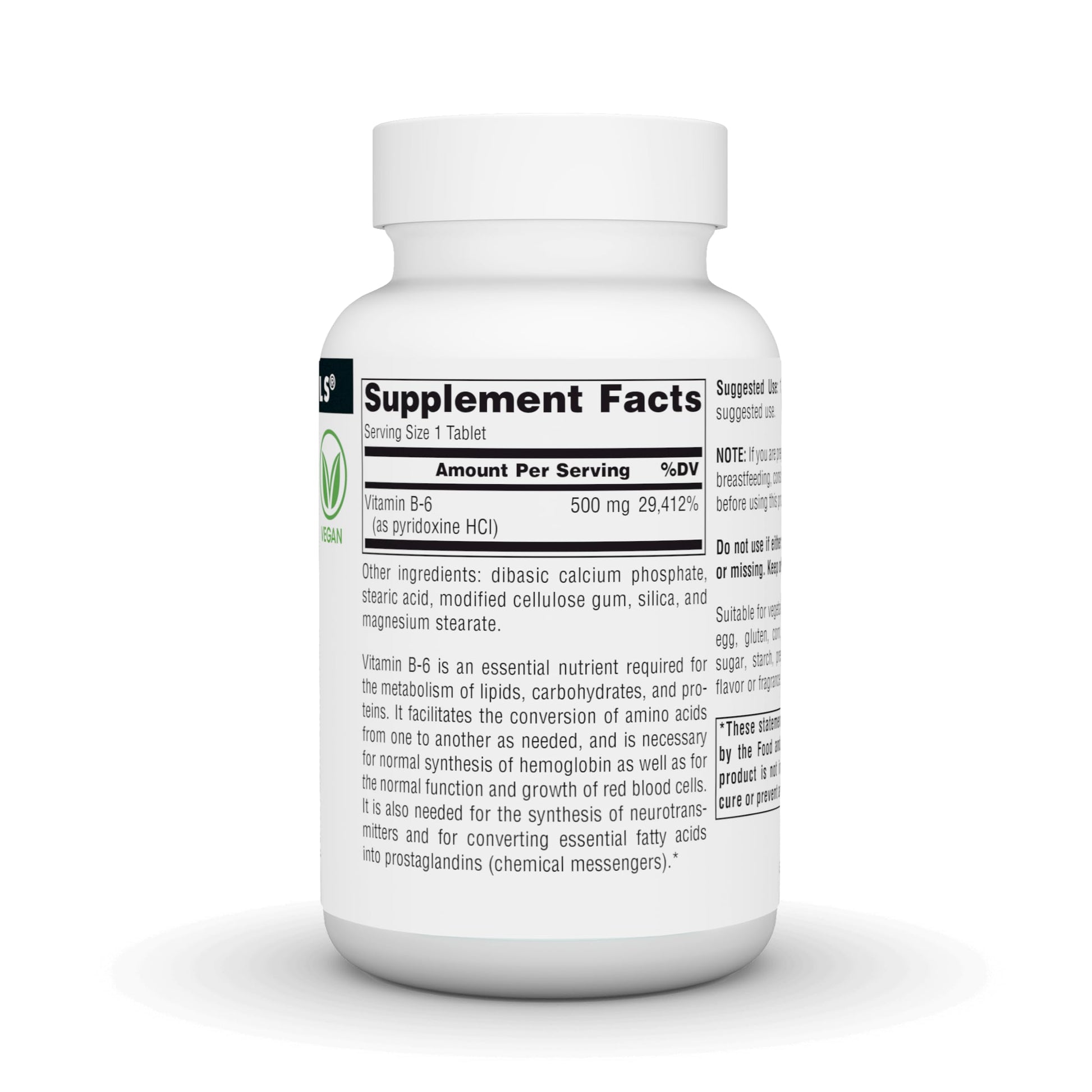 Back label view of high potency pyridoxine supplement highlighting metabolism and immune health advantages.