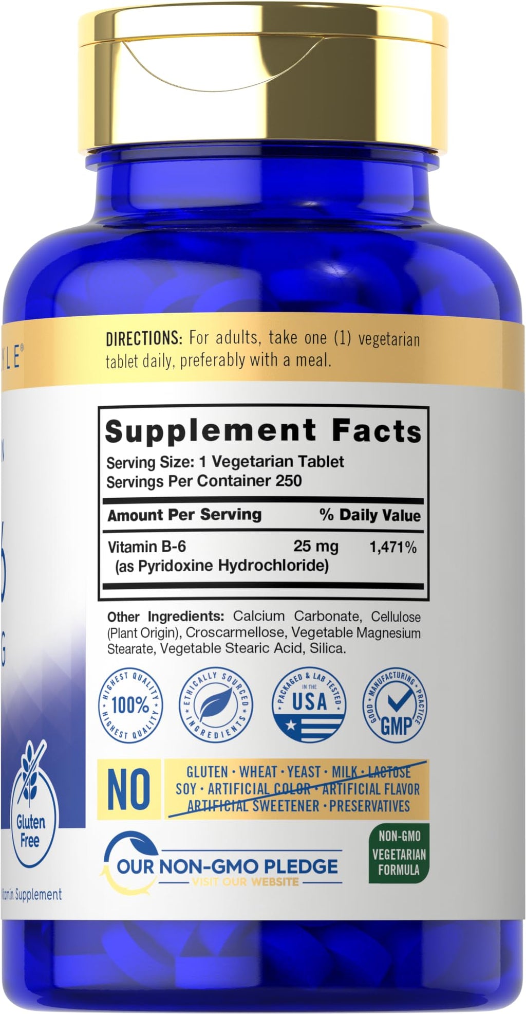 Carlyle Vitamin B6 supplement bottle label details