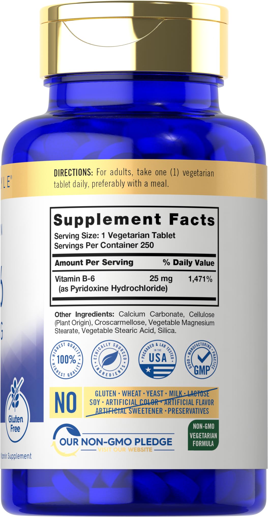 Carlyle Vitamin B6 supplement bottle label details