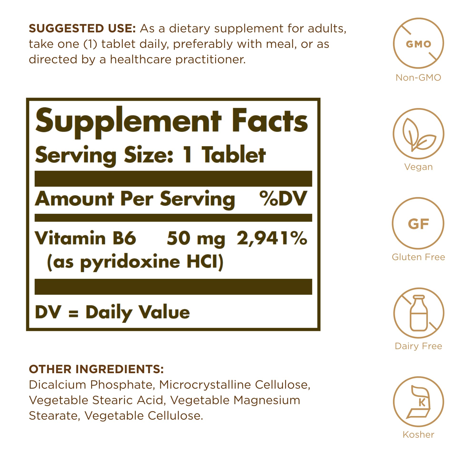 Solgar Vitamin B6 50mg dietary supplement bottle showing vegan and non-GMO certification labels