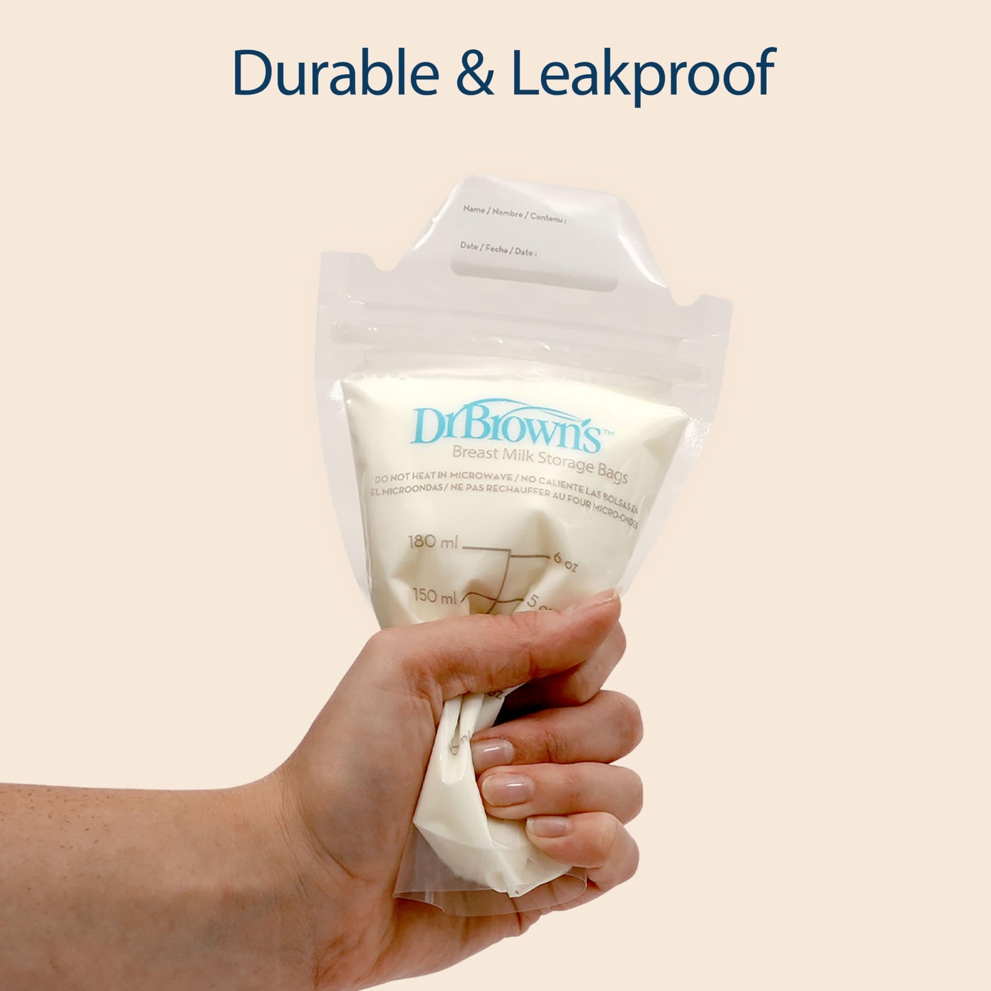 Close up of Dr. Brown's breast milk bag double zip seal