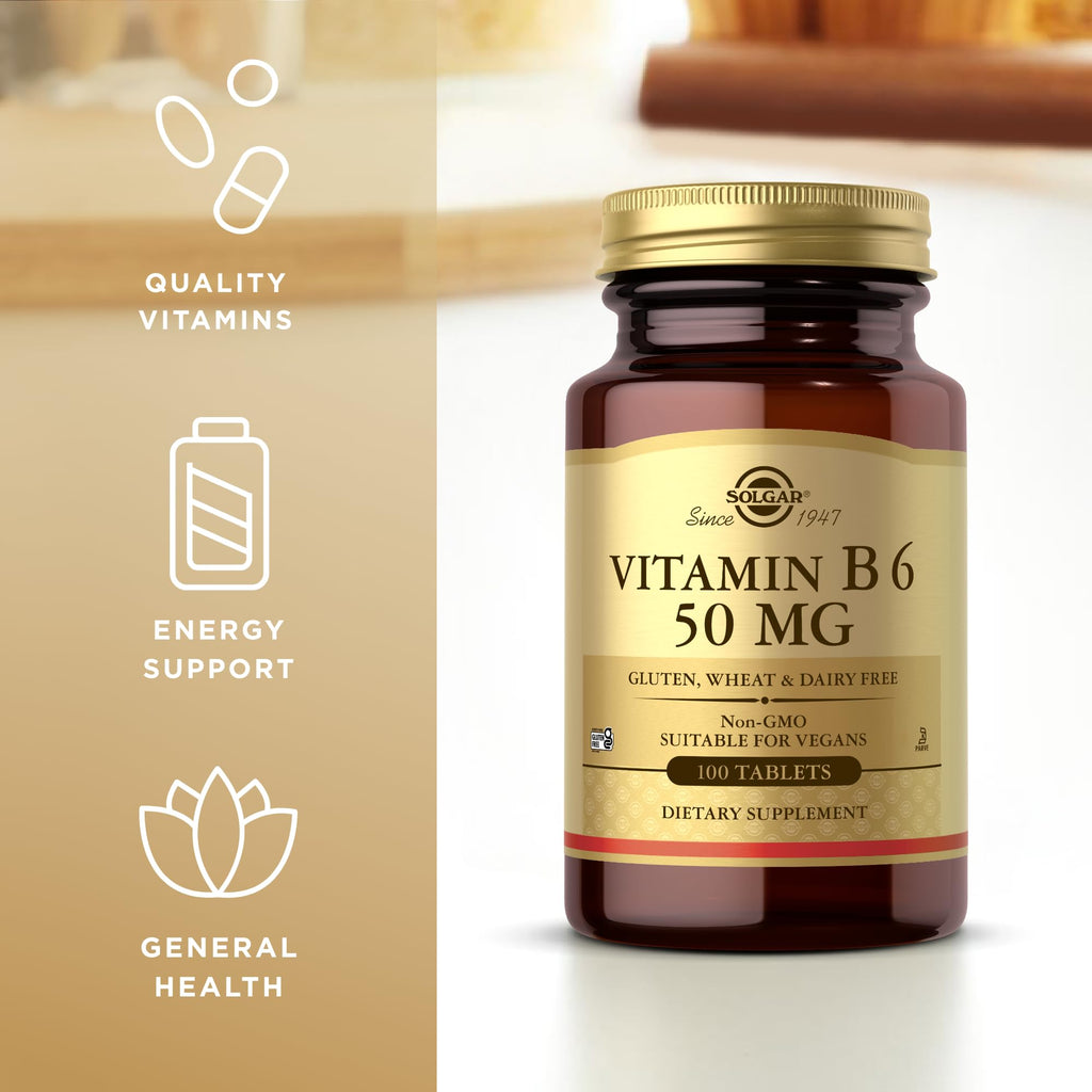 Authentic USA imported Solgar Vitamin B6 tablets for nervous system health and daily wellness