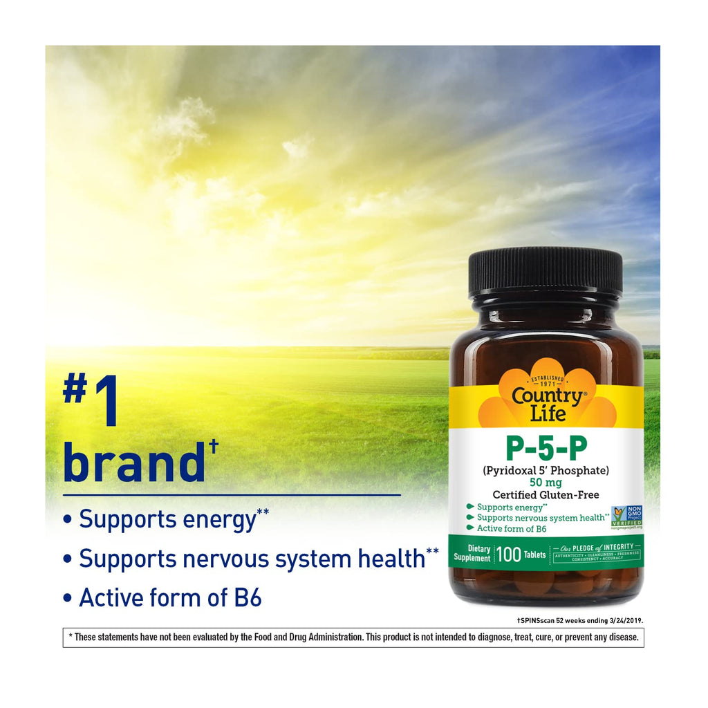 Authentic Country Life P-5-P non-GMO dietary supplement container on white background