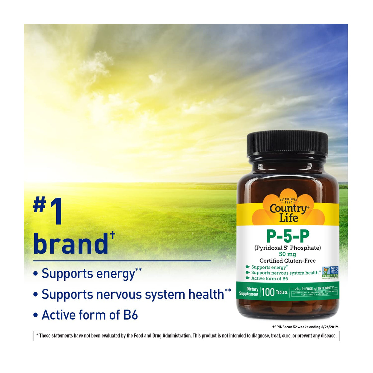 Authentic Country Life P-5-P non-GMO dietary supplement container on white background