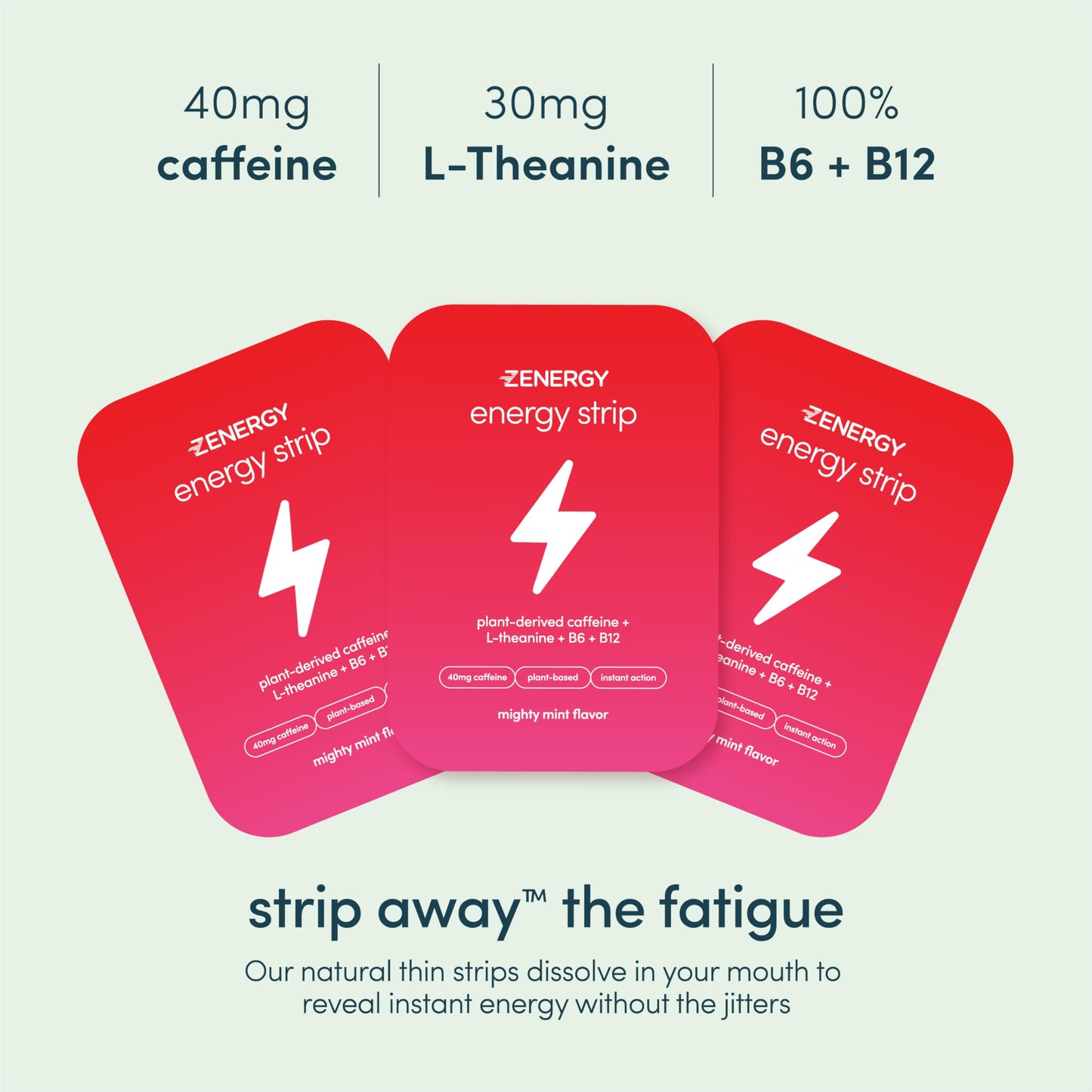 Close up of Zenergy mint flavored energy strip packaging