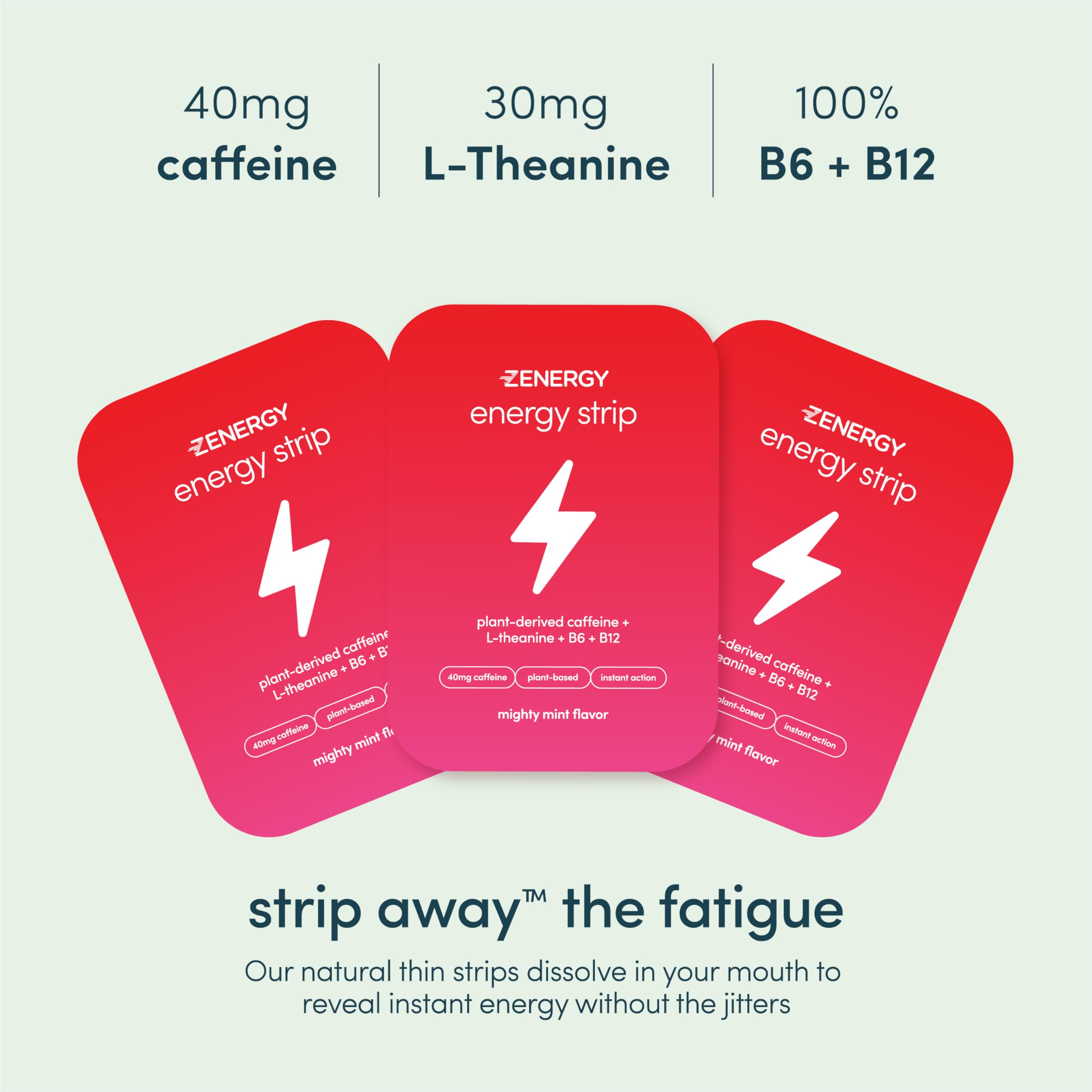 Close up of Zenergy mint flavored energy strip packaging