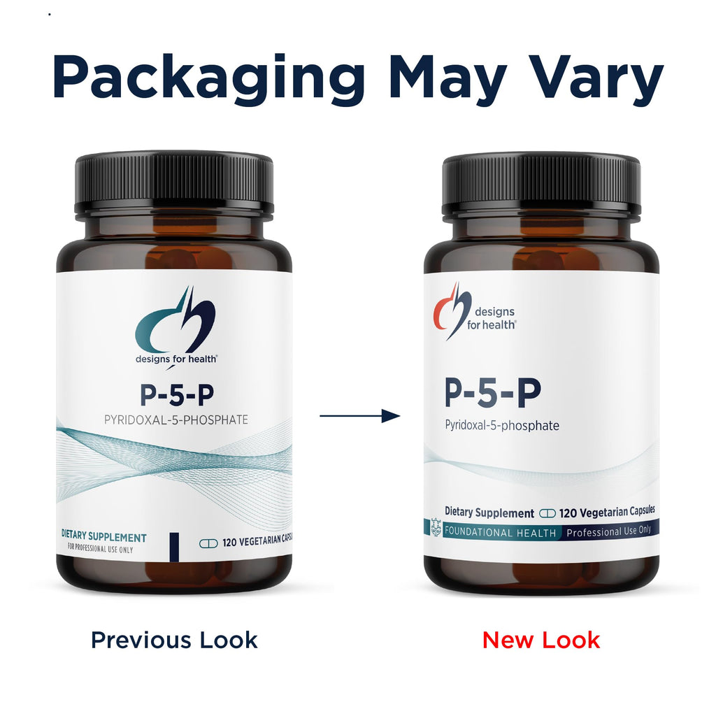 Supplement facts label on Designs for Health P5P bottle