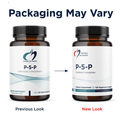 Supplement facts label on Designs for Health P5P bottle