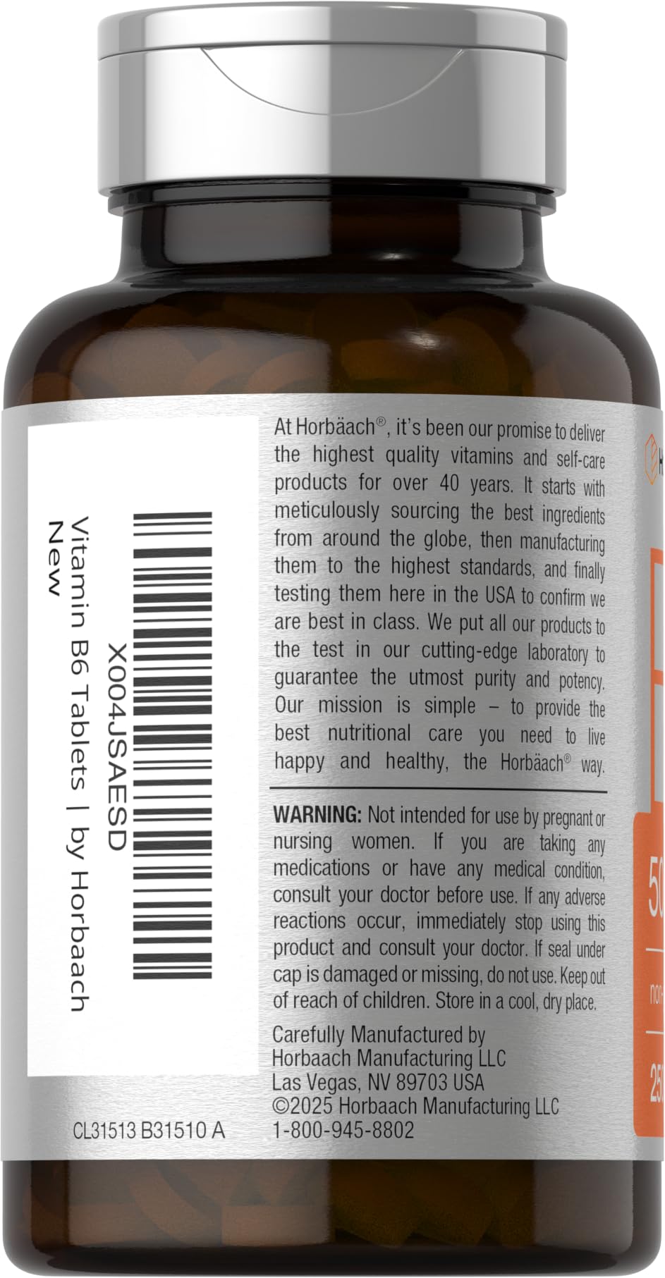 Back side of Horbäach B6 Vitamin bottle with ingredients list