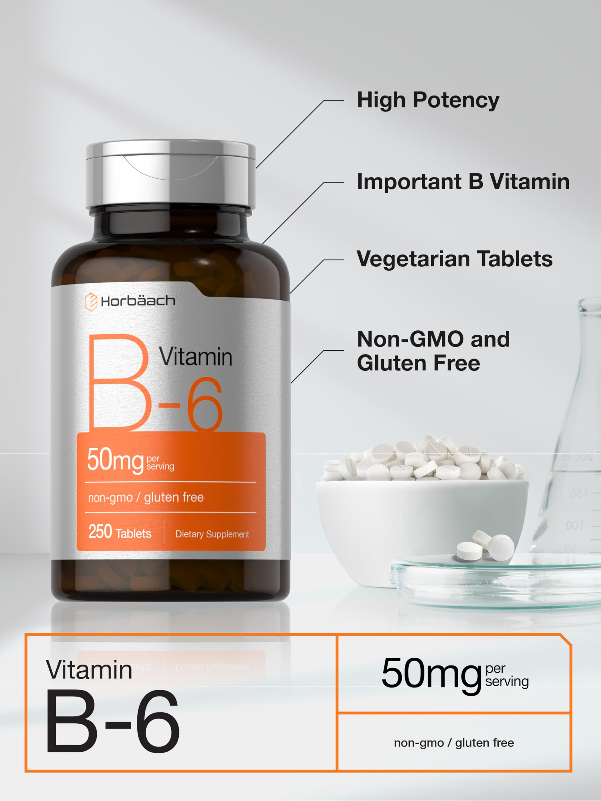 Close up of Horbäach Vitamin B6 tablets texture