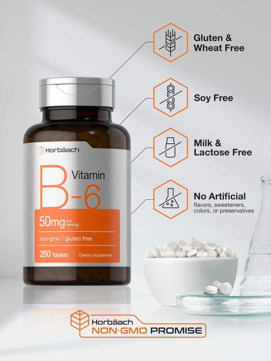Horbäach B6 Vitamin bottle next to a glass of water