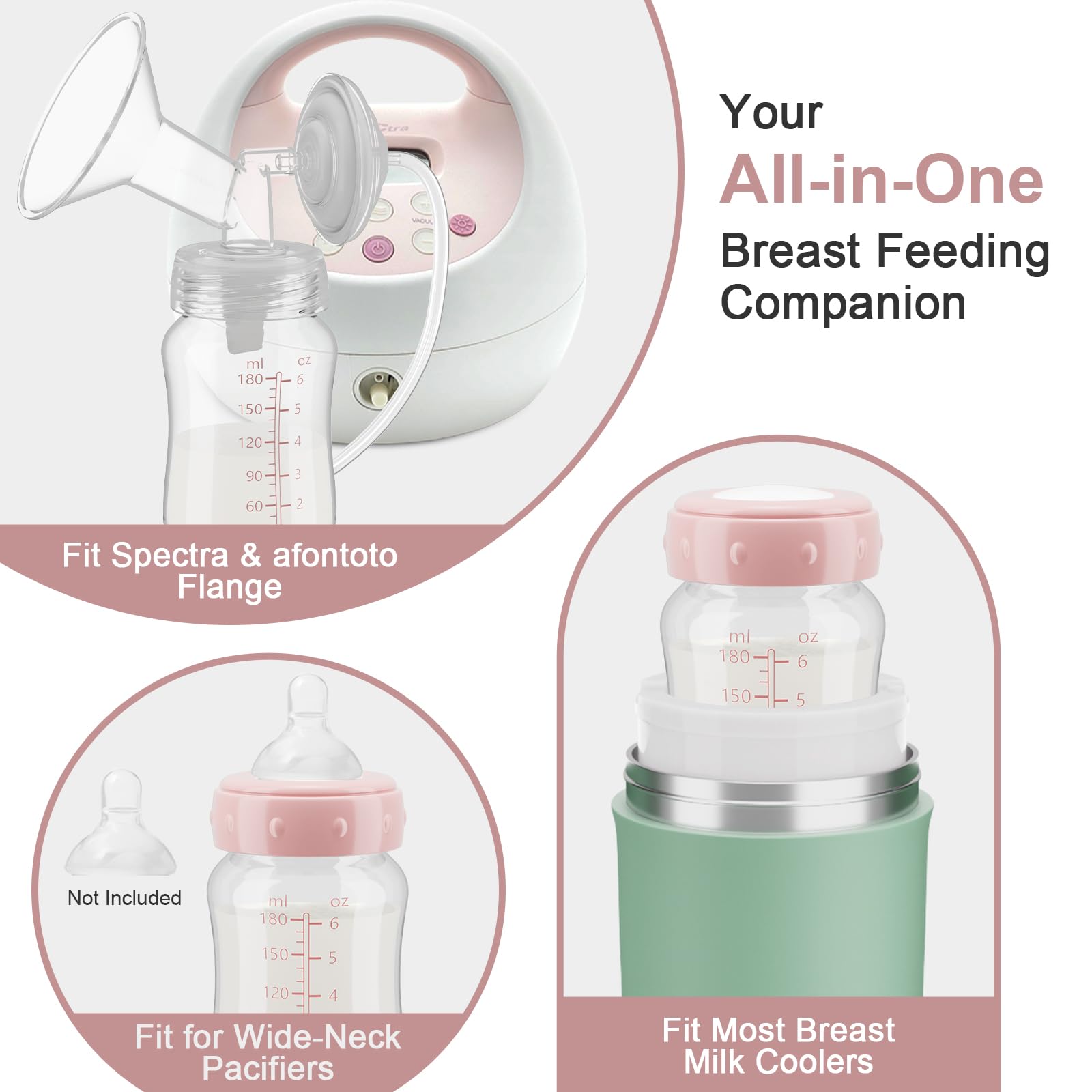 Afontoto breastmilk bottles showing wide-neck compatibility with pump
