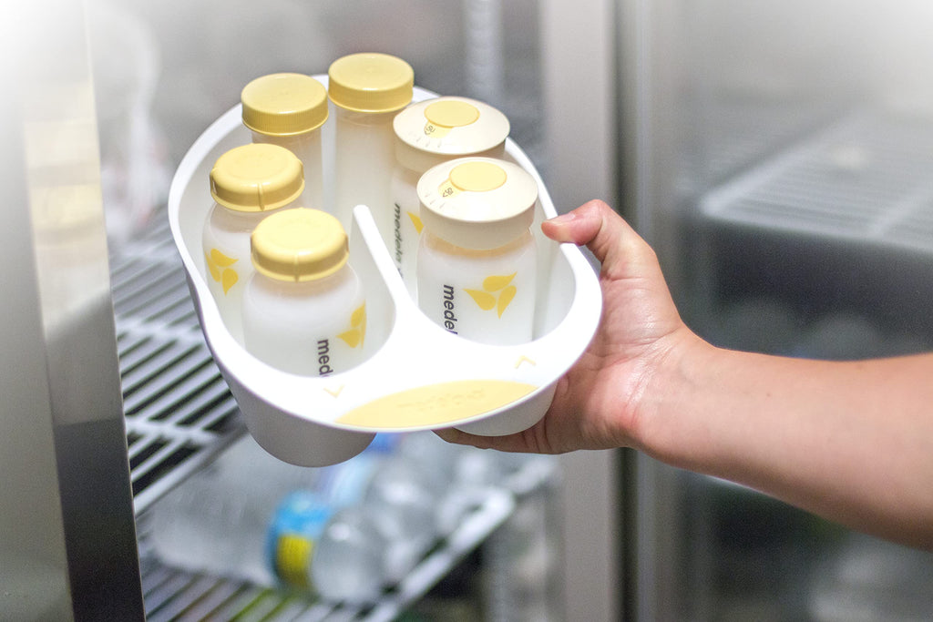 Close up of Medela breast milk storage bottles