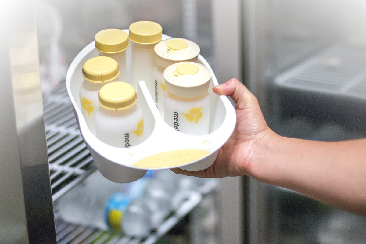 Close up of Medela breast milk storage bottles