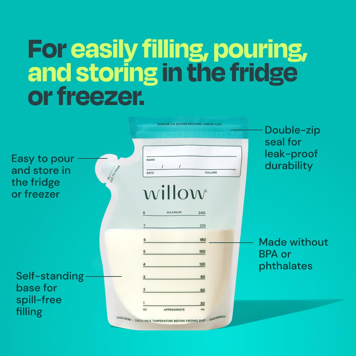 Willow milk storage bag with double-zip seal and pour spout
