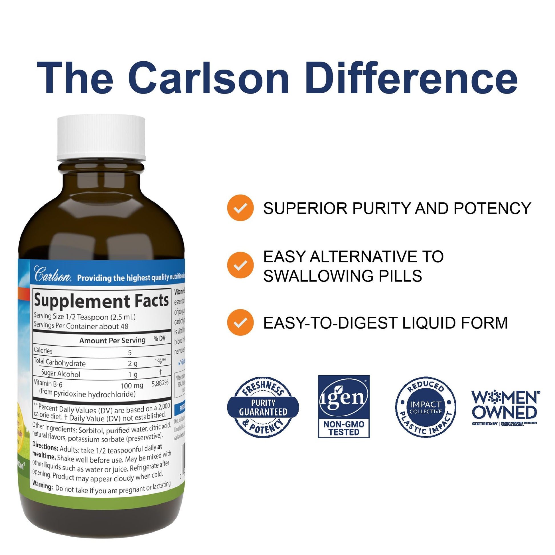 Carlson Vitamin B6 Liquid berry lemonade flavor supplement label details